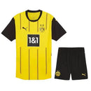 Conjunto Infantil Borussia Dortmund Home 24/25, uniforme com camisa amarela e calção preto.