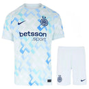 Conjunto Infantil Inter Milão alternativo 2025/26 com camiseta e shorts em design azul e branco.