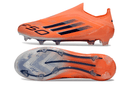 Chuteira Adidas F50 FG Elite Laranja e Preta lateral e solado, ideal para desempenho em campo.