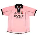 Camisolas Juventus - Centenário, camisola de futebol rosa com detalhes em preto e logotipo da Sony.