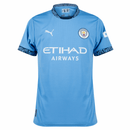 Camisa azul do Manchester City para 24/25, modelo home com detalhes do patrocinador Etihad Airways.