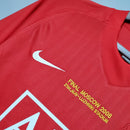 Camisa Manchester United Home 07/08 retro, final de Moscovo 2008, detalhes em amarelo e logo da Nike.