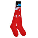 Meias Compridas Futebol Adidas em vermelho com detalhes brancos e logo Adidas