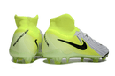 Nike Phantom Luna Elite NU FG Verde e Cinza, chuteiras de futebol com design inovador e tecnologia avançada.