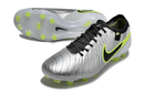 Nike Tiempo Legend X Elite FG - Prata e verde "Mad Voltage Pack" com design inovador e tecnologia de topo para futebol.