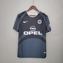 Camisa PSG Away 01/02 Retro Azul Olympic com logo da Nike e patrocinador Opel, estilo vintage.
