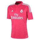 Camisola de futebol Real Madrid Away 14/15 Retro Rosa, com logotipo da equipe e detalhes em rosa.