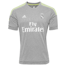 Camisa de futebol cinza do Real Madrid Away 15/16 com detalhes em verde e logo da Adidas.