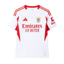 Terceira camisola oficial do Benfica 2025-26 Adidas em branco com detalhes encarnados e padrão inspirado na rede da baliza.