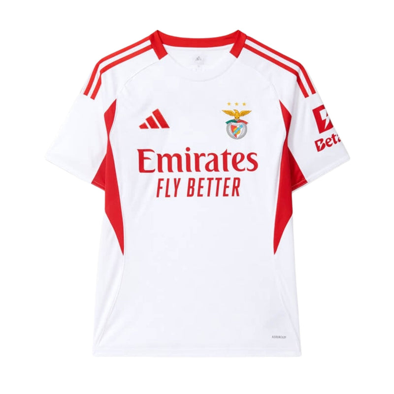 Terceira camisola oficial do Benfica 2025-26 Adidas em branco com detalhes encarnados e padrão inspirado na rede da baliza.